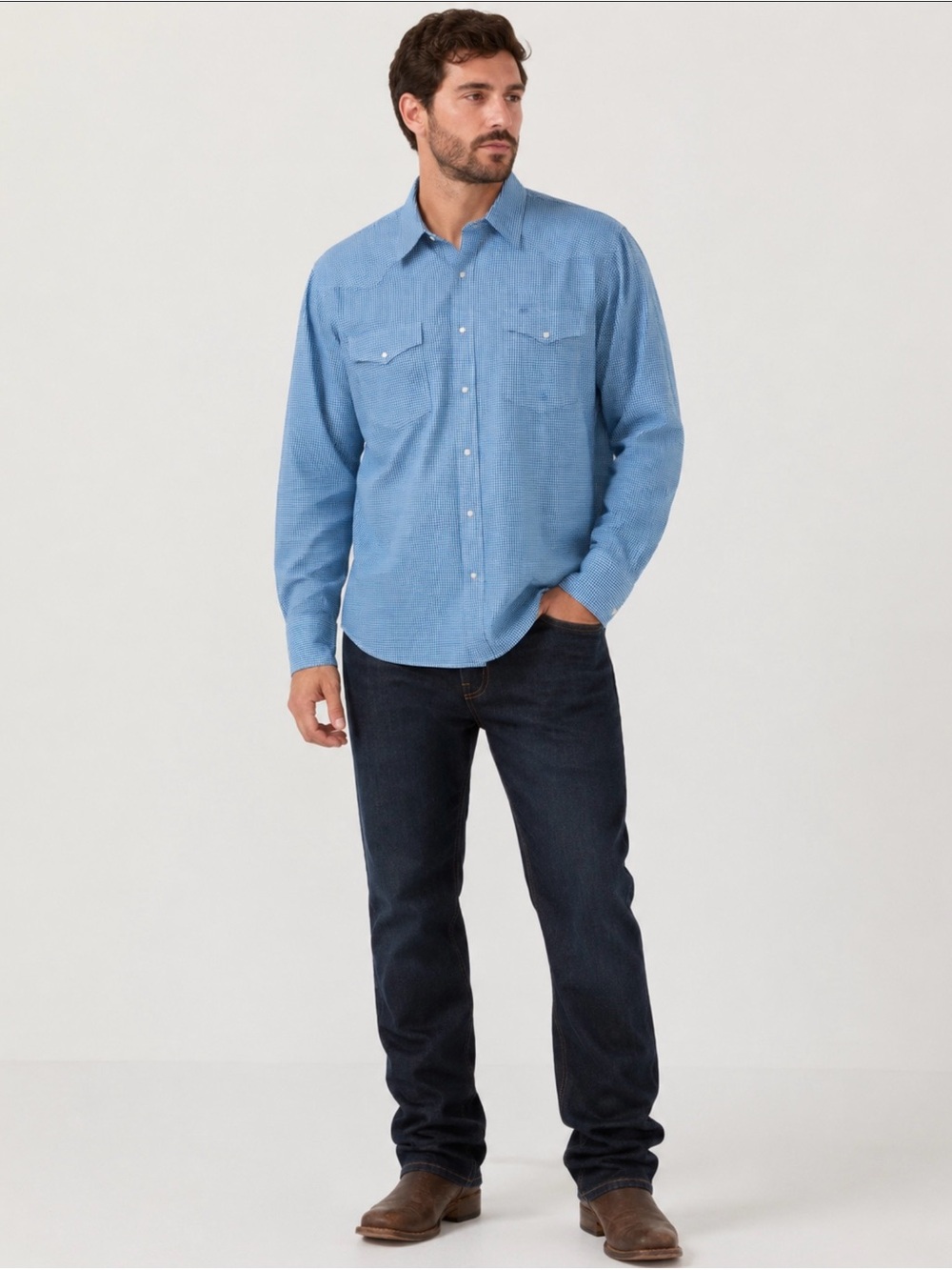 Roper Men’s Western Shirt Size 2XL Blue Check Pearl Snap 100% Cotton
